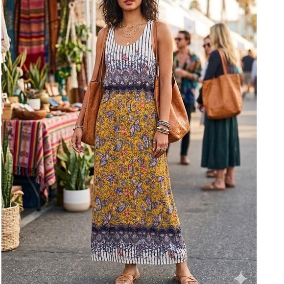 Lucky Brand Dresses & Skirts - NWT Lucky Brand Sz S Mustard Paisley Eclectic Cottage Boho Racerback Maxi Dress